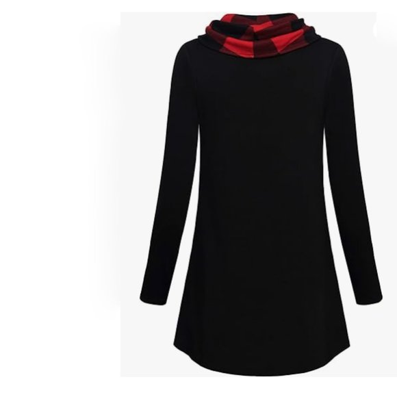 Bebonnie Buffalo Check Long Slv Cowl Neck Warm Splicing Tunic Top with Buttons - Picture 3 of 14